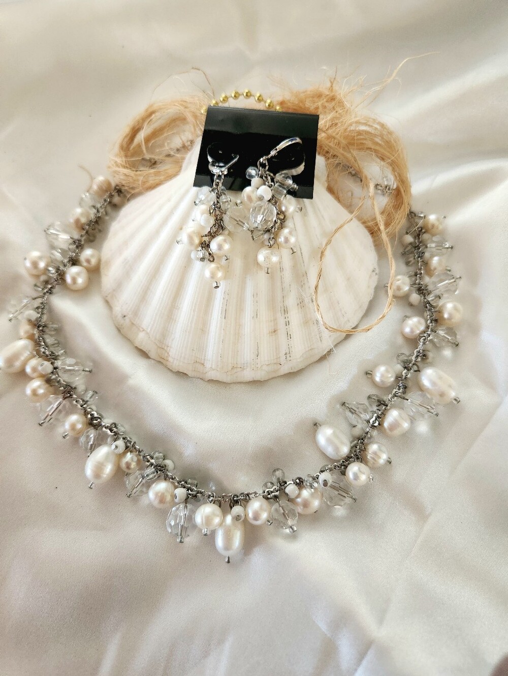 Pearl and Crystal Cluster Necklace with Matching Earrings - White